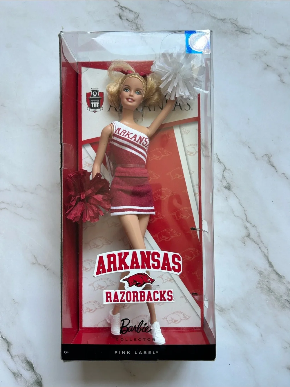 Pink Label Arkansas Razorbacks College Cheerleader Barbie Doll Y2360